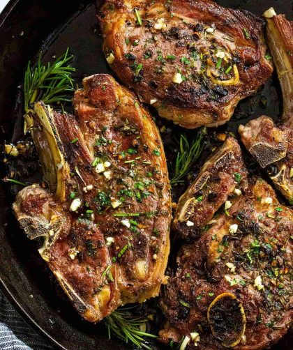 Cast iron baby lamb chops with garlic