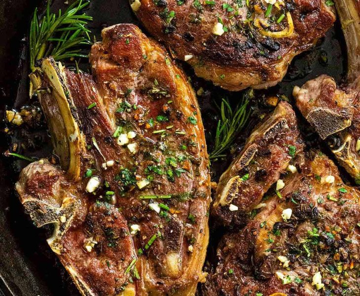 Cast iron baby lamb chops with garlic